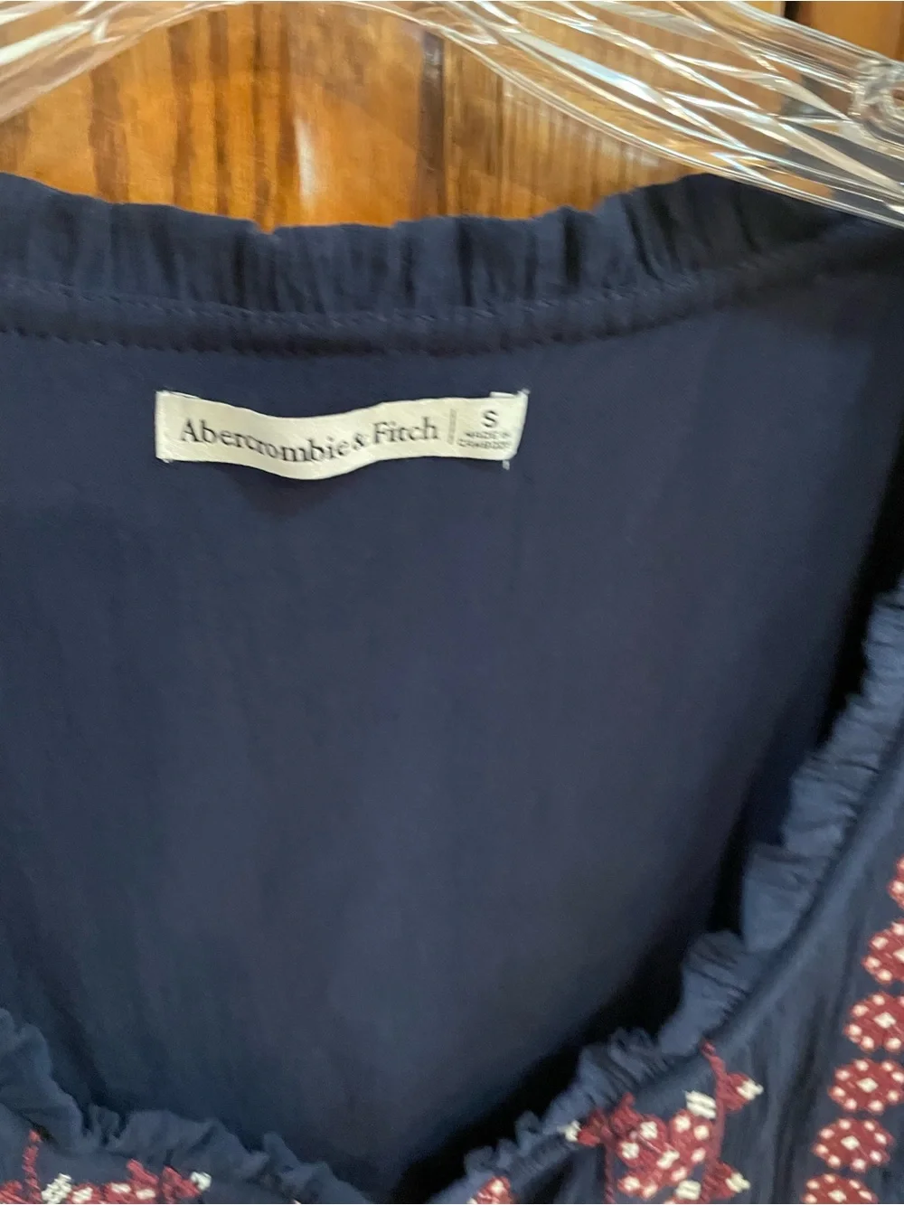 Abercrombie & Fitch Navy Embroidered Tie-Front Peasant Top